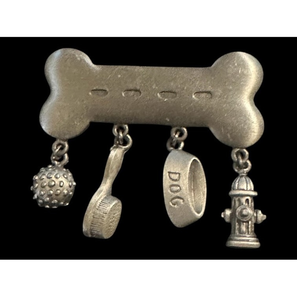 Vintage JJ Dog Bone Brooch with Dog Charms – Bowl, Brush, Ball, Hydrant